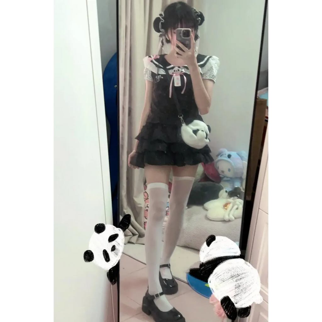 Kawaii Panda Embroidered Sailor Top – Harajuku Y2K Lace Tee