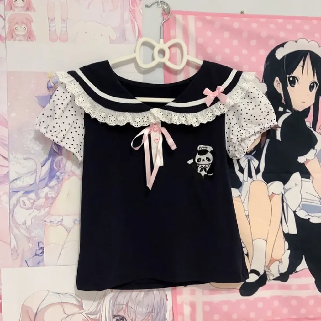 Kawaii Panda Embroidered Sailor Top – Harajuku Y2K Lace Tee