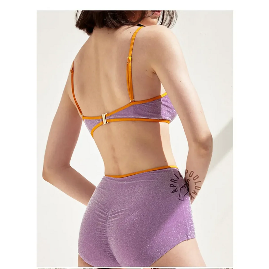 Glitter Bikini Set – High Waist Shiny Contrast Trim Beachwear