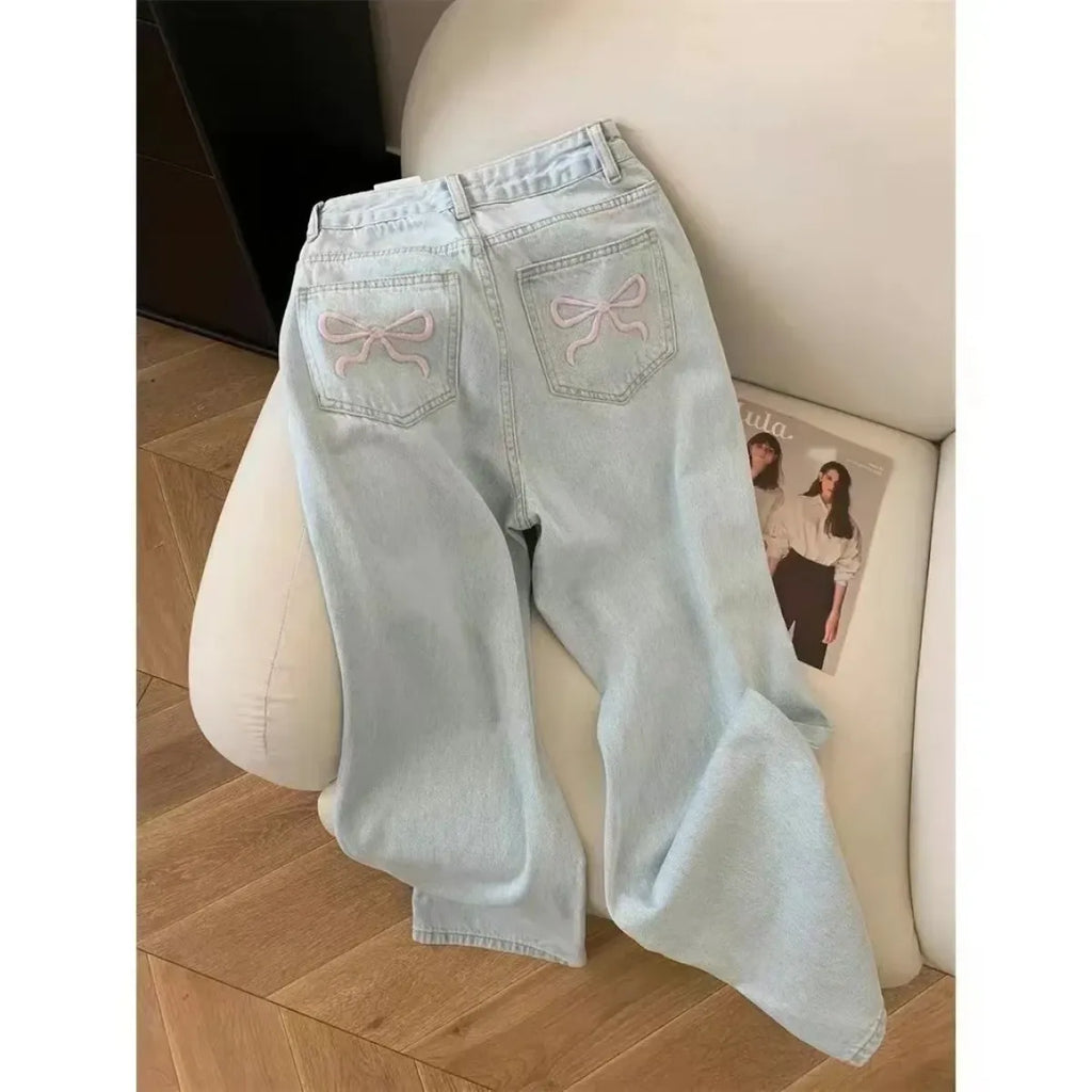 Wide Leg Jeans – High Waist Y2K Bow Embroidery