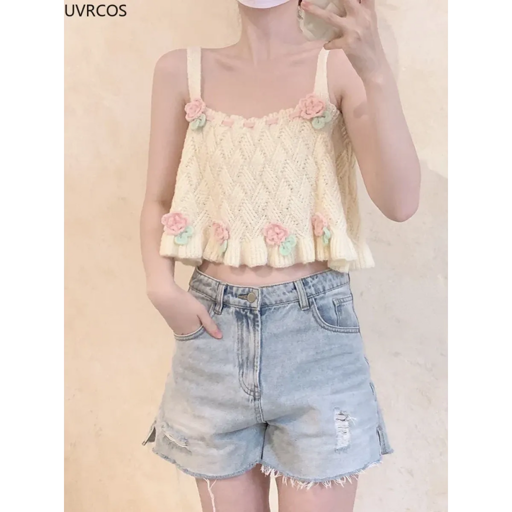 Chic Japanese Kawaii Flower Embroidery Knit Tank Top