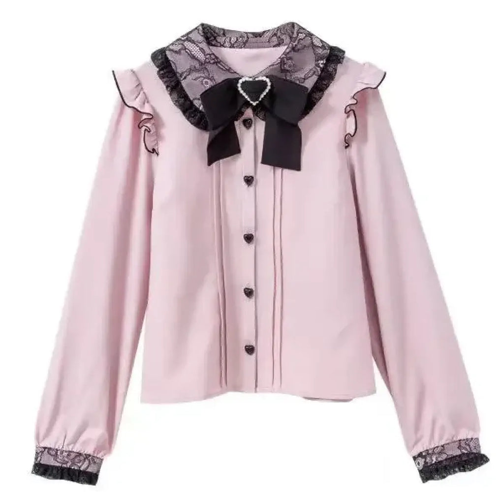 Lace Trim Bow Blouse – Harajuku Y2K Grunge Lolita Shirt