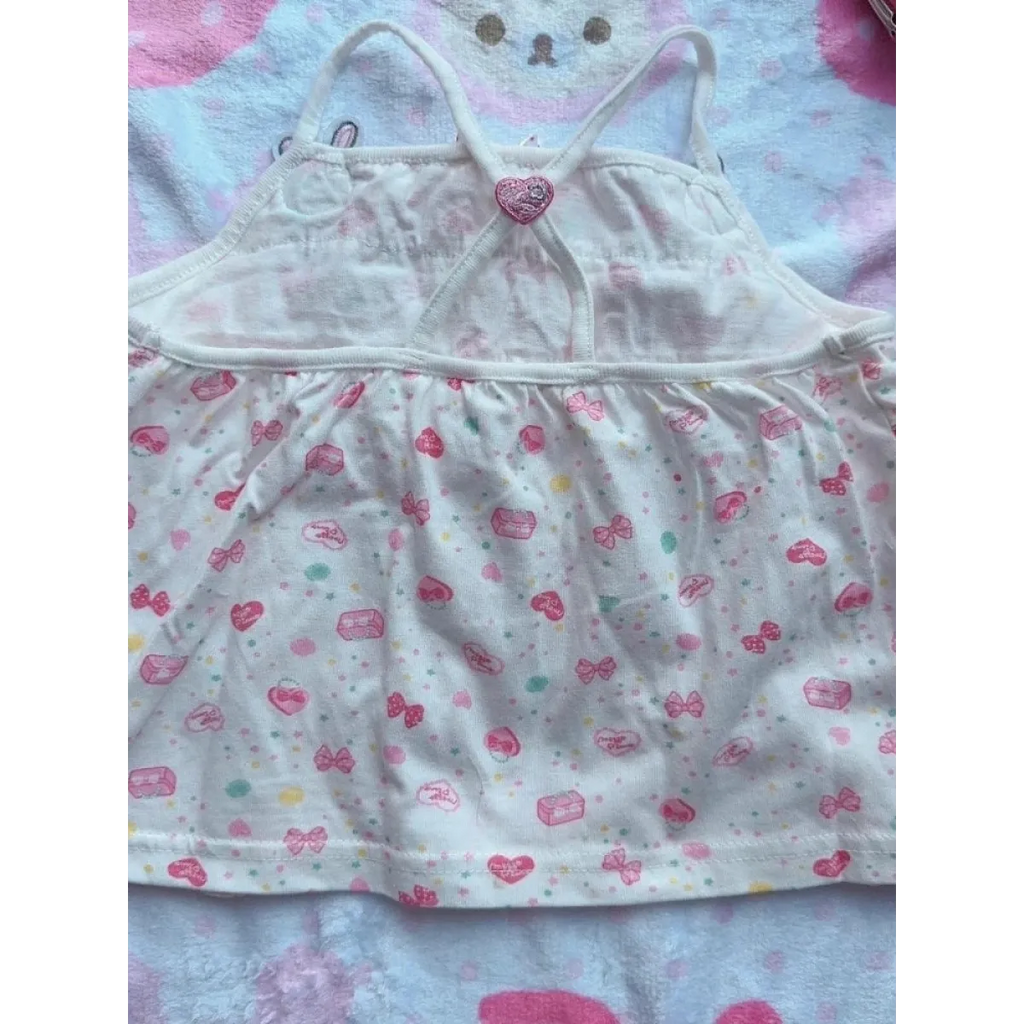 White Kawaii Ruffle Camisole – Bunny Embroidery & Bow Print