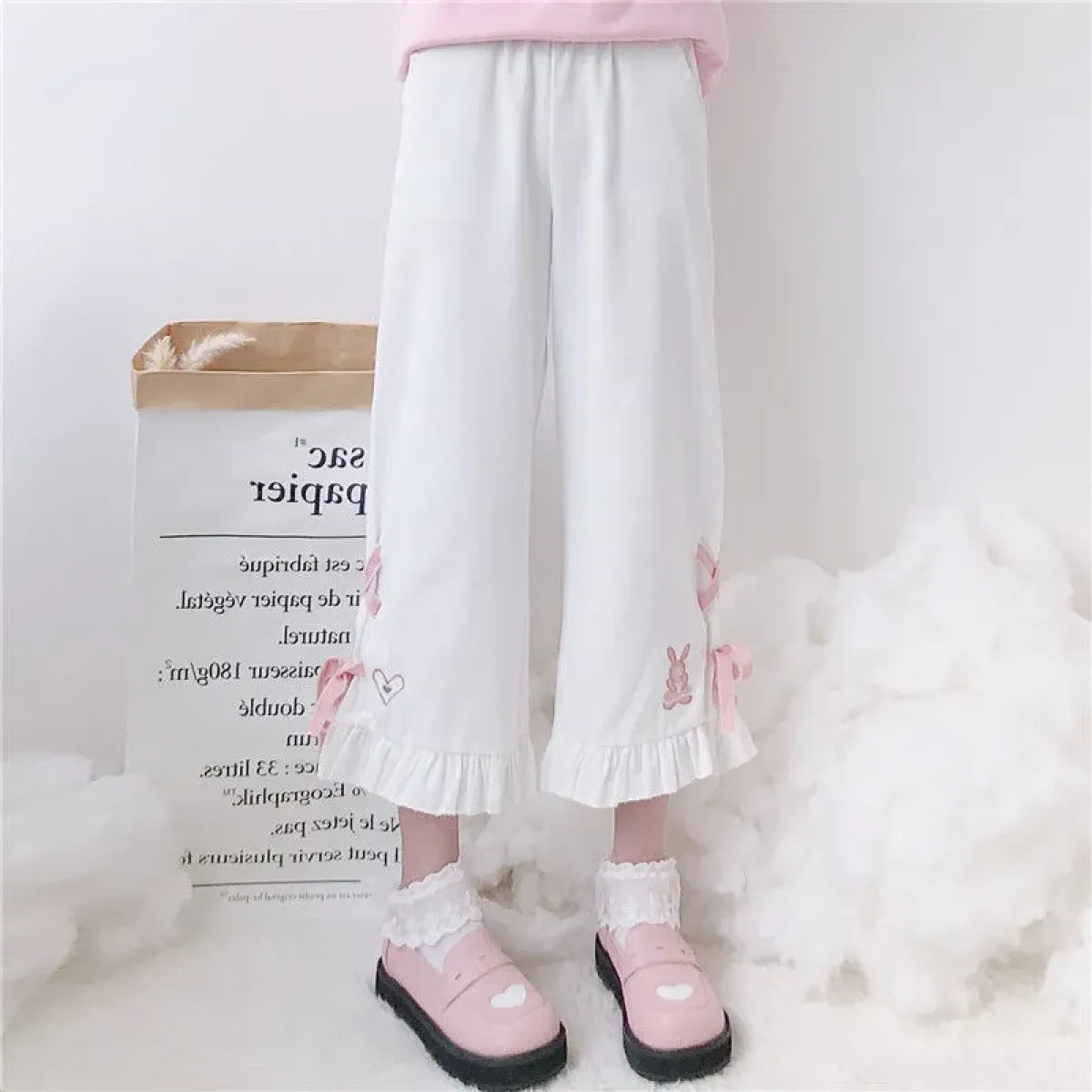 Korean Black Bunny Print Wide Leg Pants