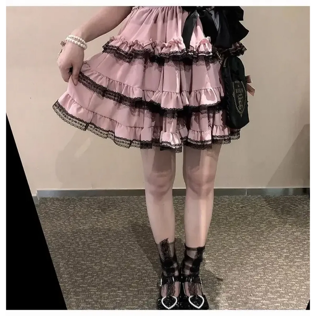 Lace Mini Cake Lolita Skirt – High Waist Ruffle Bow Detail