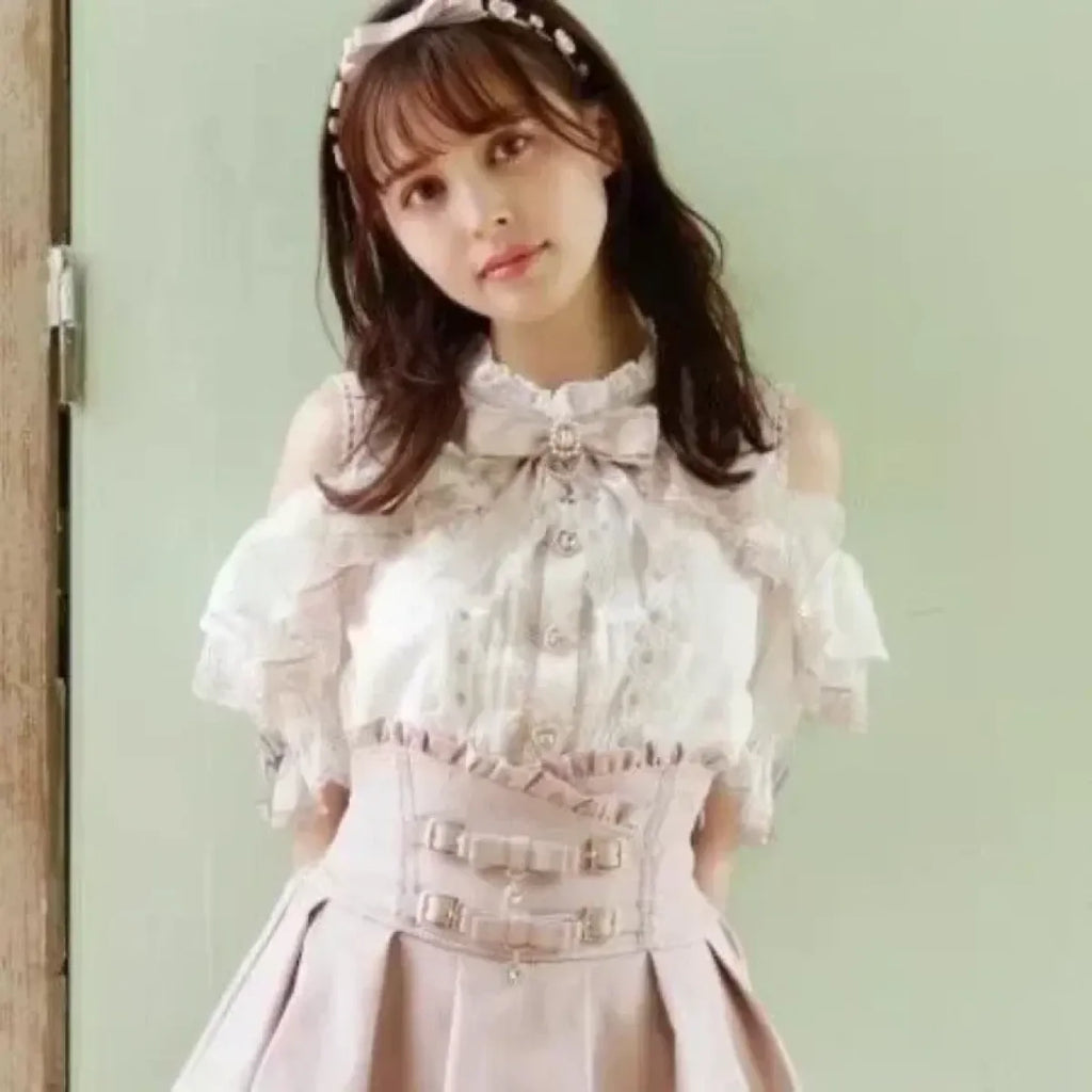 Kawaii Lace Patchwork Blouse – Y2K Off Shoulder Bow JK Shirt