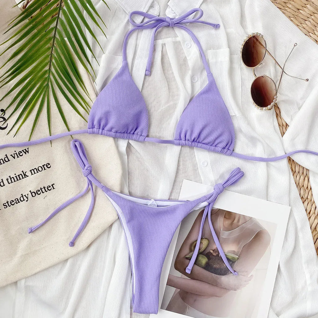 Ribbed String Bikini Set – Kawaii Halter Tie Beach Swimwear