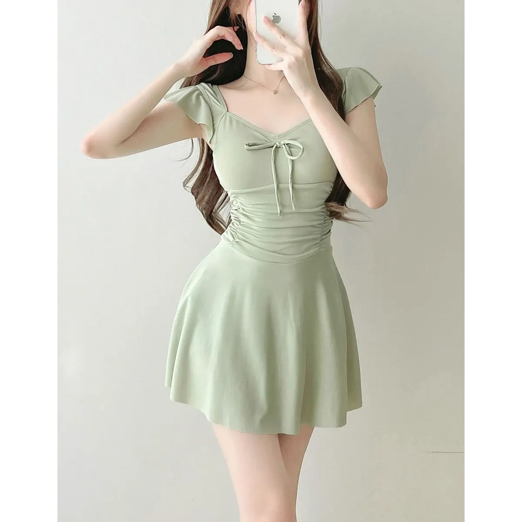 Mauve Ruffle Sleeve One Piece Swimsuit – Bow Detail Mini Dress Style