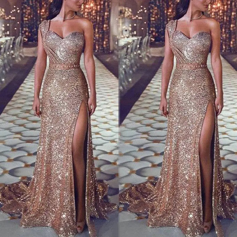 One Shoulder Sleeveless Bronzing Split Dress