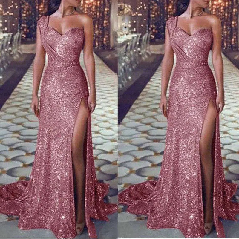 One Shoulder Sleeveless Bronzing Split Dress
