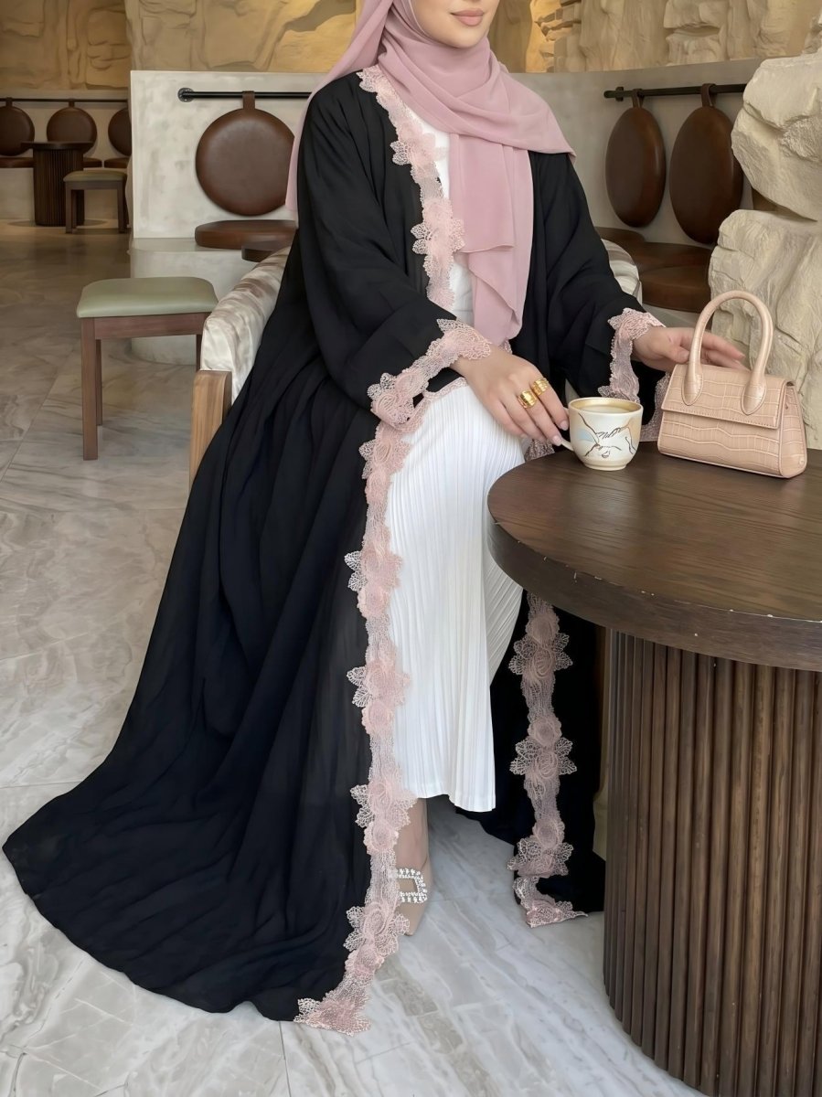 Pink Floral Lace-Trim Open Abaya(MOA333)