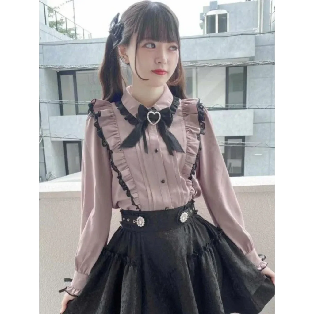 Pink Lace Ruffle Blouse - Kawaii Lolita Bow Top