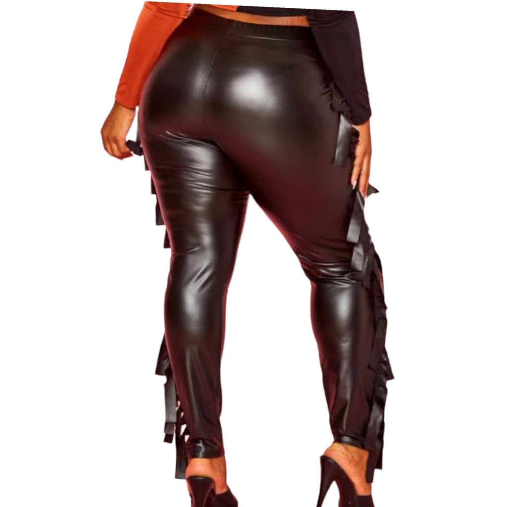 Plus Size Black Fringe Faux Leather Pants