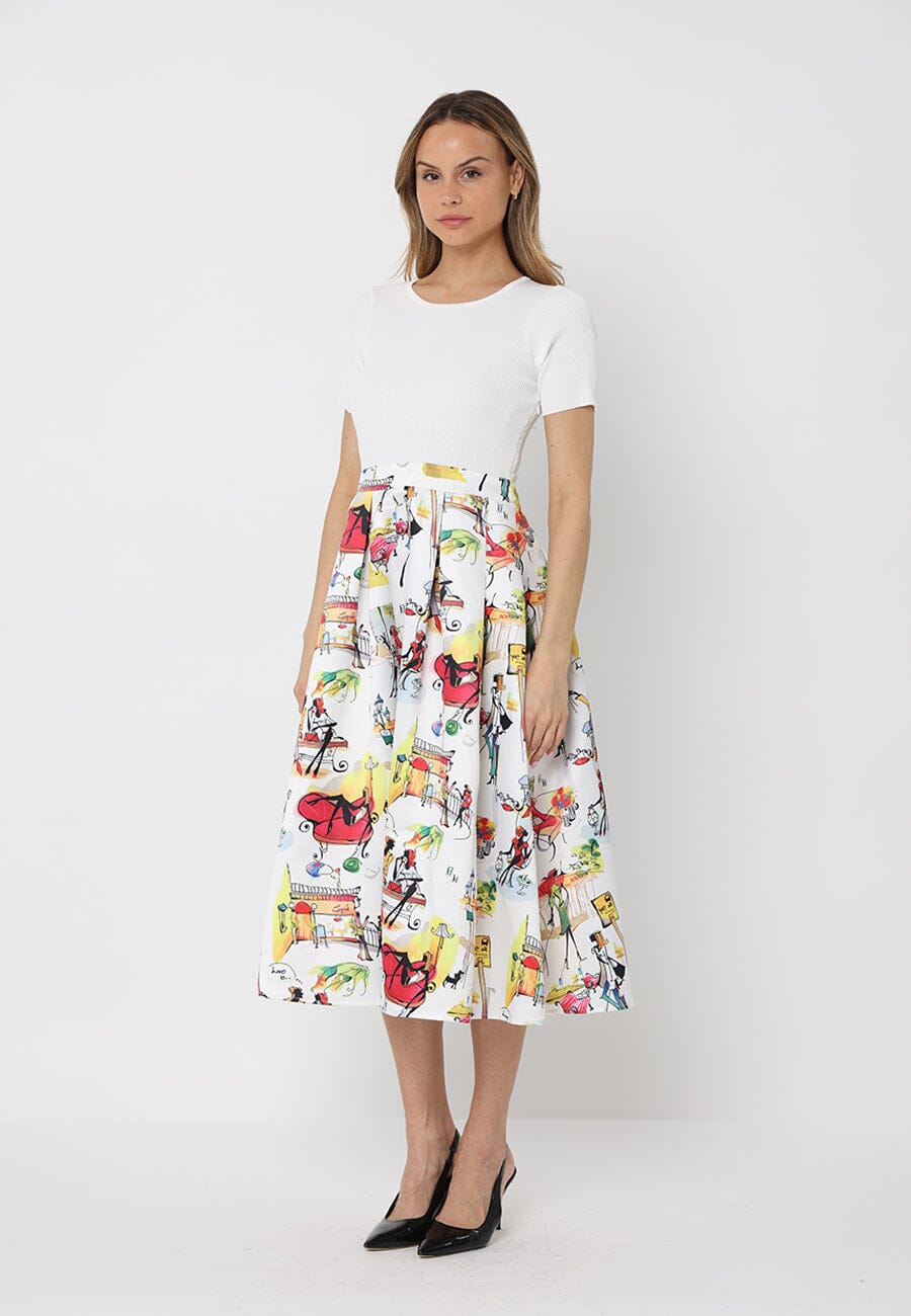 Printed Skirt w/ Ribbed Short Sleeve Top Midi Dres