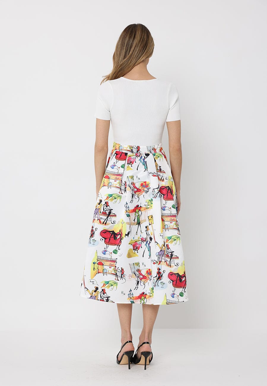 Printed Skirt w/ Ribbed Short Sleeve Top Midi Dres