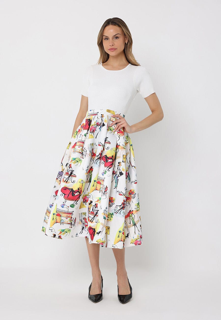 Printed Skirt w/ Ribbed Short Sleeve Top Midi Dres