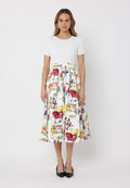 Printed Skirt w/ Ribbed Short Sleeve Top Midi Dres