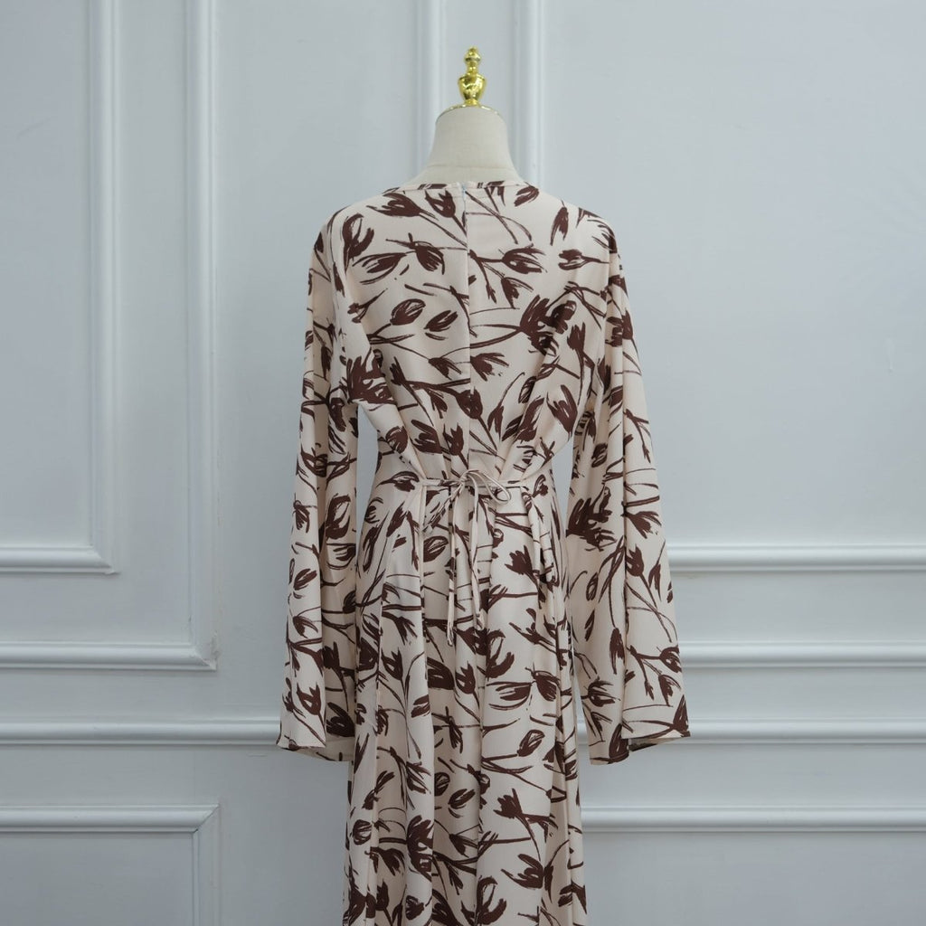 Printed Washed-Crinkle Bell Sleeve Maxi Dress(MS474)
