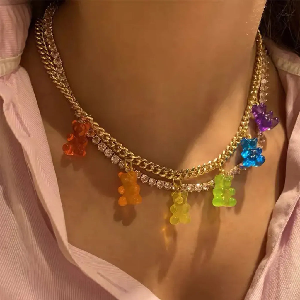 Punk Gummy Bear Crystal Choker - Colorful Metal Multi-layer Necklace