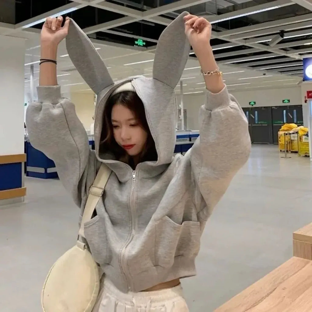 Rabbit Ear Zippered Hoodie - Women's Cute Short Top in Gray, Korean Preppy Style