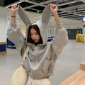 Rabbit Ear Zippered Hoodie - Women's Cute Short Top in Gray, Korean Preppy Style