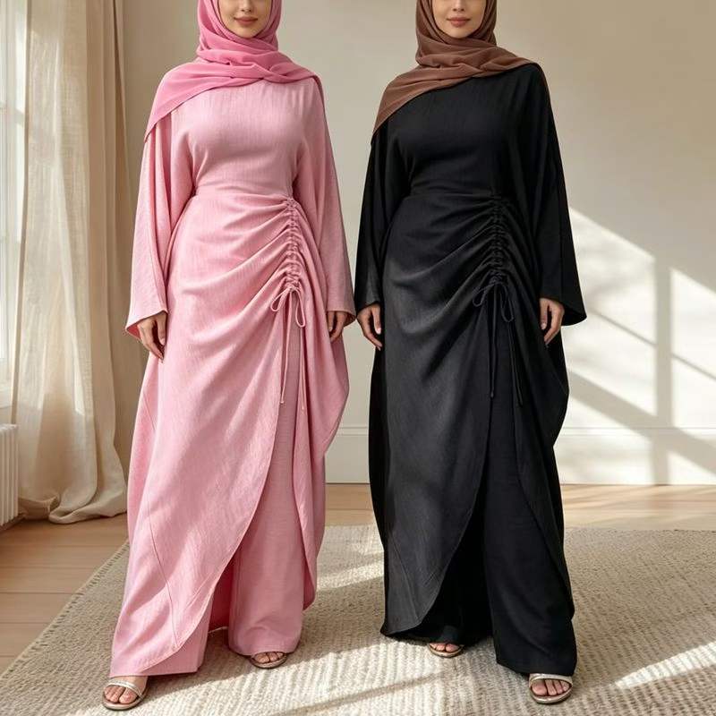 Ruched Drawstring Batwing Top & Wide-Leg Trousers Co-ord Set(MS478)