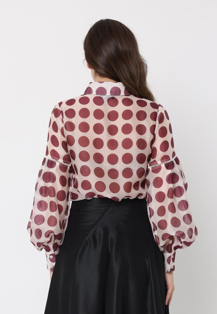 Sheer Polka Dot Pattern Top W/Front Patch Pockets