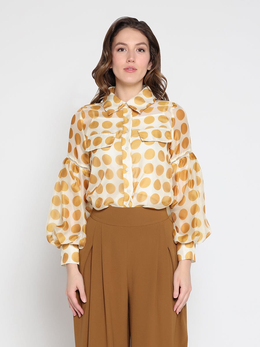 Sheer Polka Dot Pattern Top W/Front Patch Pockets