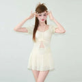Ruffle Sleeve Bikini Set – Lace Trim Puff Top with Skirt Cover-Up