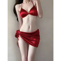 Satin Halter Bikini Set – Korean 3PCS Swimsuit with Skirt