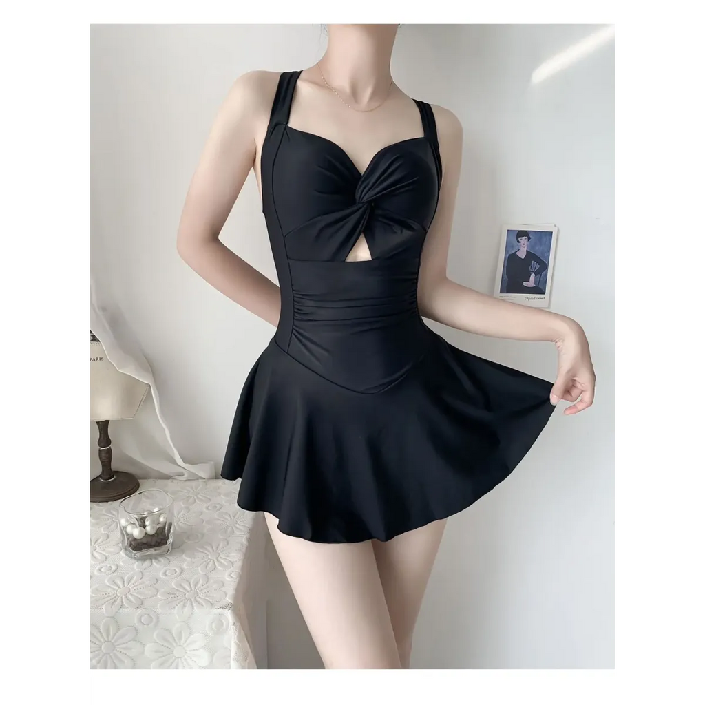 Pleated Cutout Swimsuit Dress – Korean Sexy Summer 2025 Swimwear