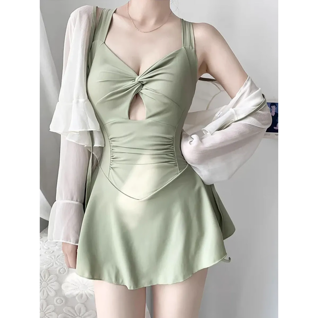 Pleated Cutout Swimsuit Dress – Korean Sexy Summer 2025 Swimwear