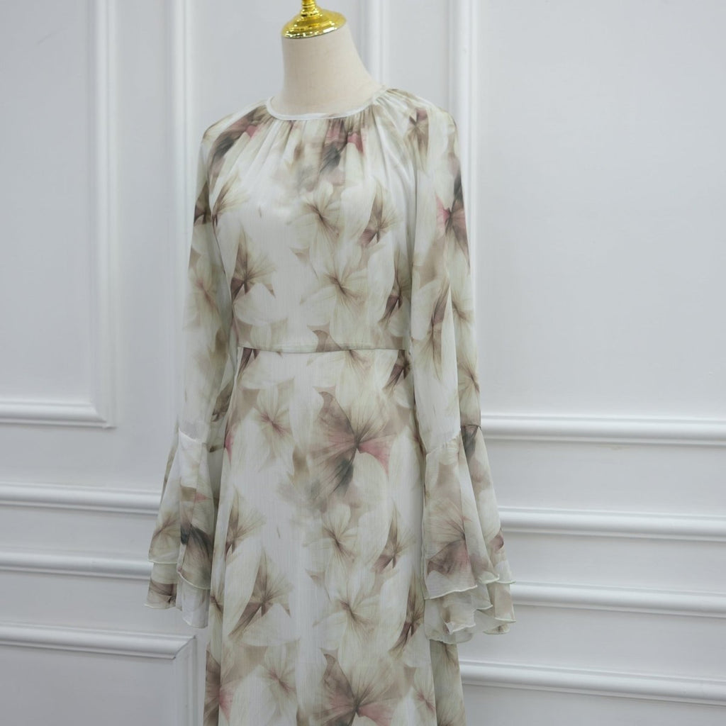 Watercolour Print Double-Layer Flared-Sleeve Maxi Dress(MS479)