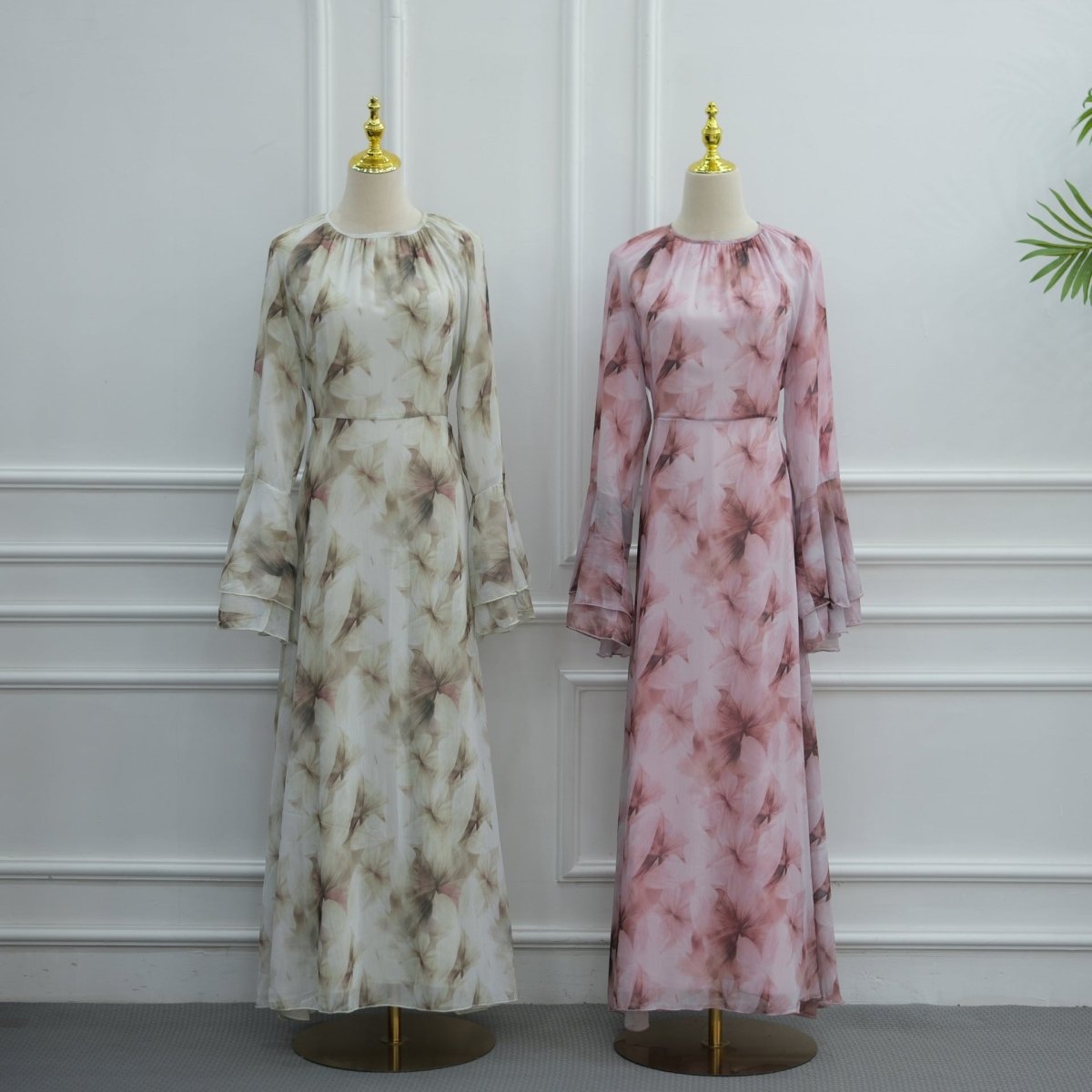 Watercolour Print Double-Layer Flared-Sleeve Maxi Dress(MS479)