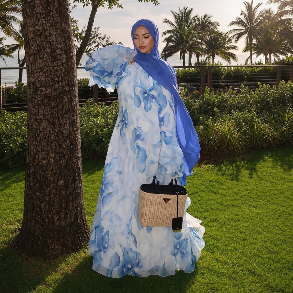 Watercolour Print Double-Layer Flared-Sleeve Maxi Dress(MS479)