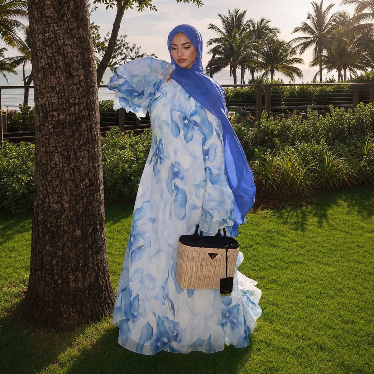 Watercolour Print Double-Layer Flared-Sleeve Maxi Dress(MS479)
