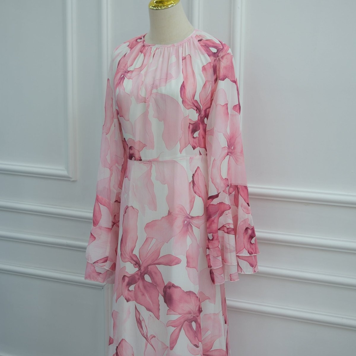 Watercolour Print Double-Layer Flared-Sleeve Maxi Dress(MS479)