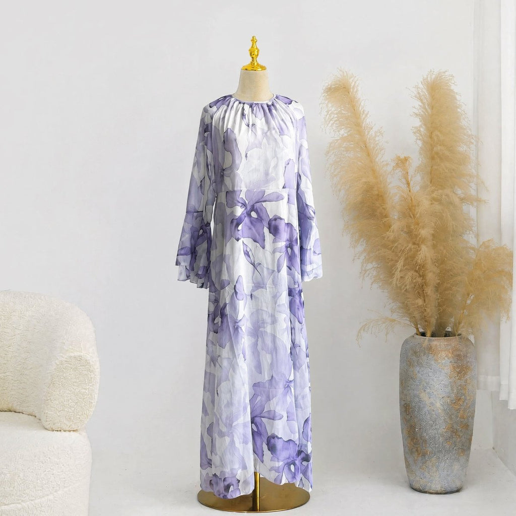 Watercolour Print Double-Layer Flared-Sleeve Maxi Dress(MS479)