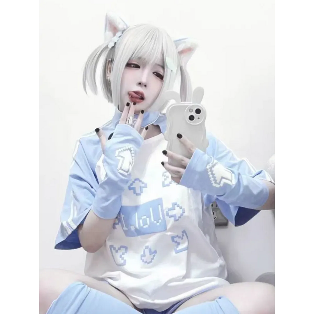 Blue & White Kawaii Harajuku Tops – Y2K Anime Print Top
