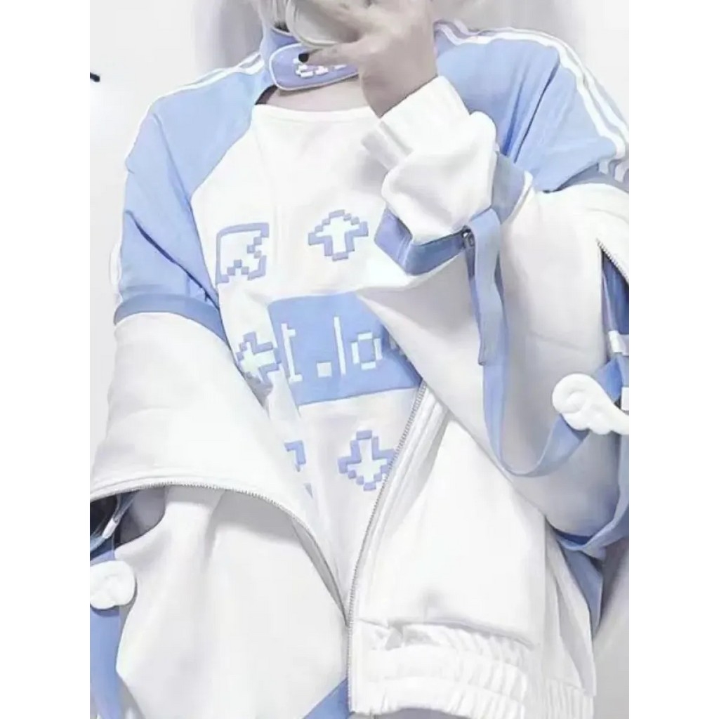 Blue & White Kawaii Harajuku Tops – Y2K Anime Print Top