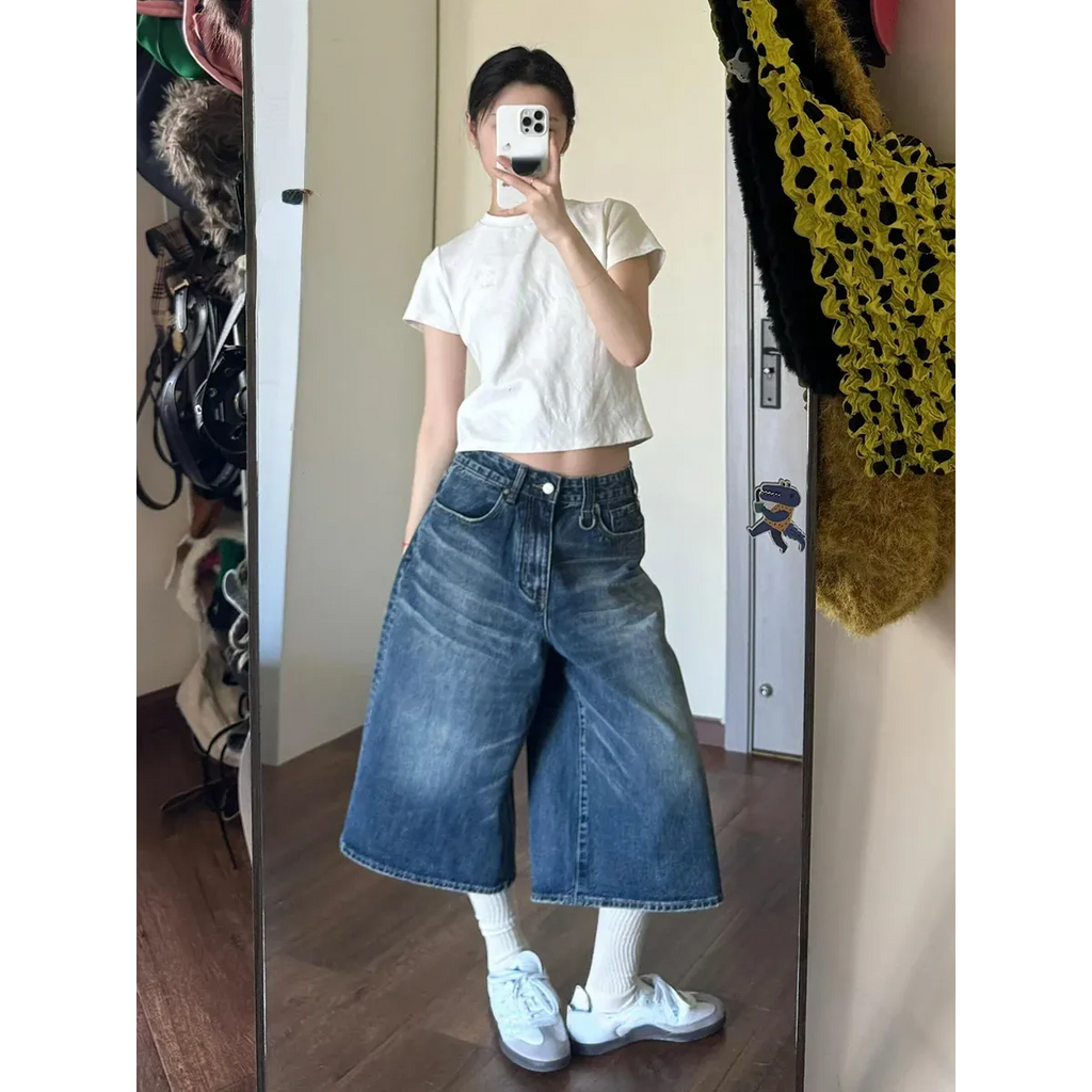 Vintage Wide Leg Denim Jorts – Low Rise Baggy Harajuku Style