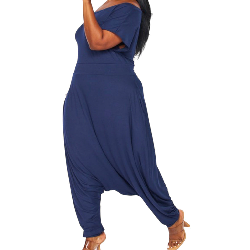 Women'S Plus Navy Off the Shoulder Harem Jumpsuit