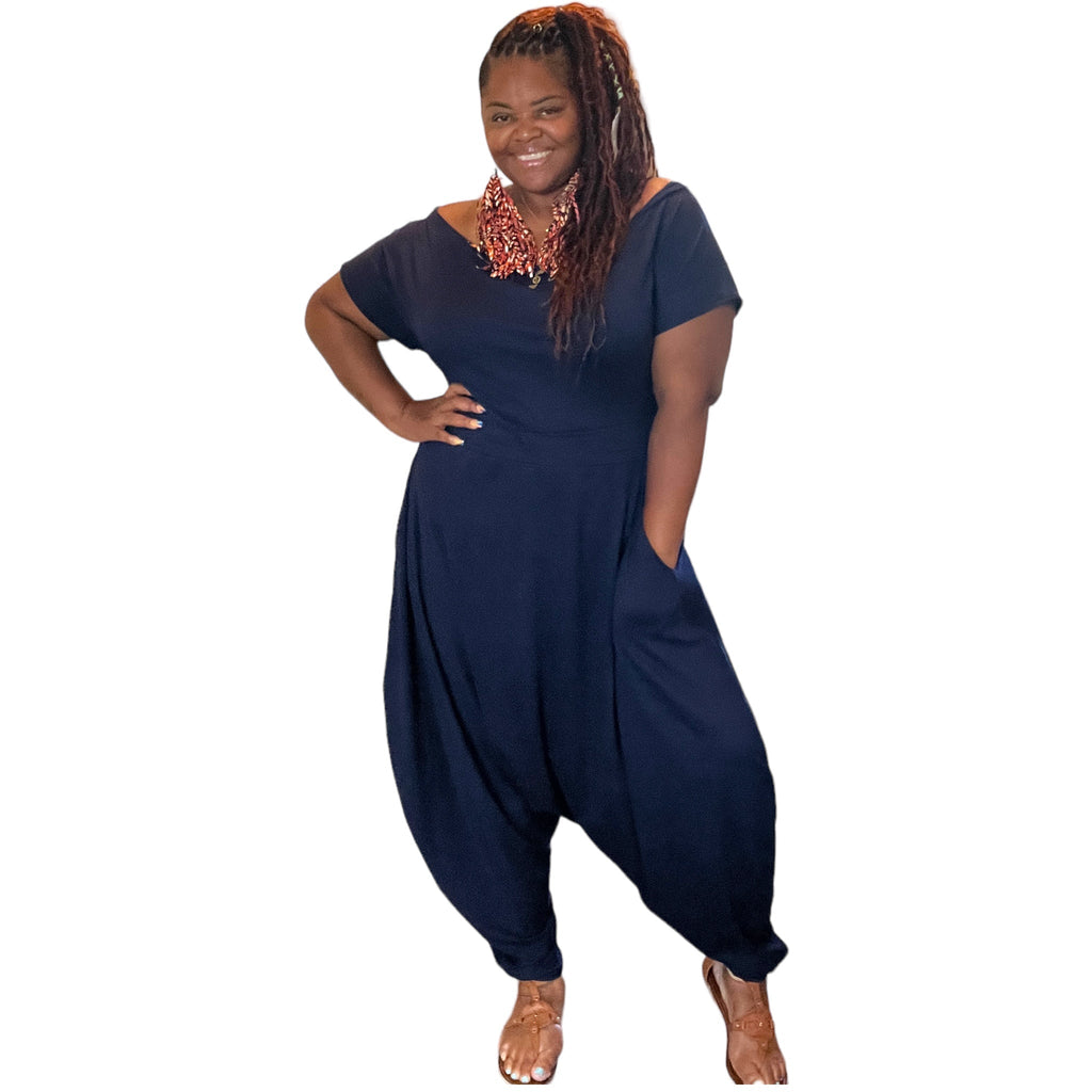 Women'S Plus Navy Off the Shoulder Harem Jumpsuit