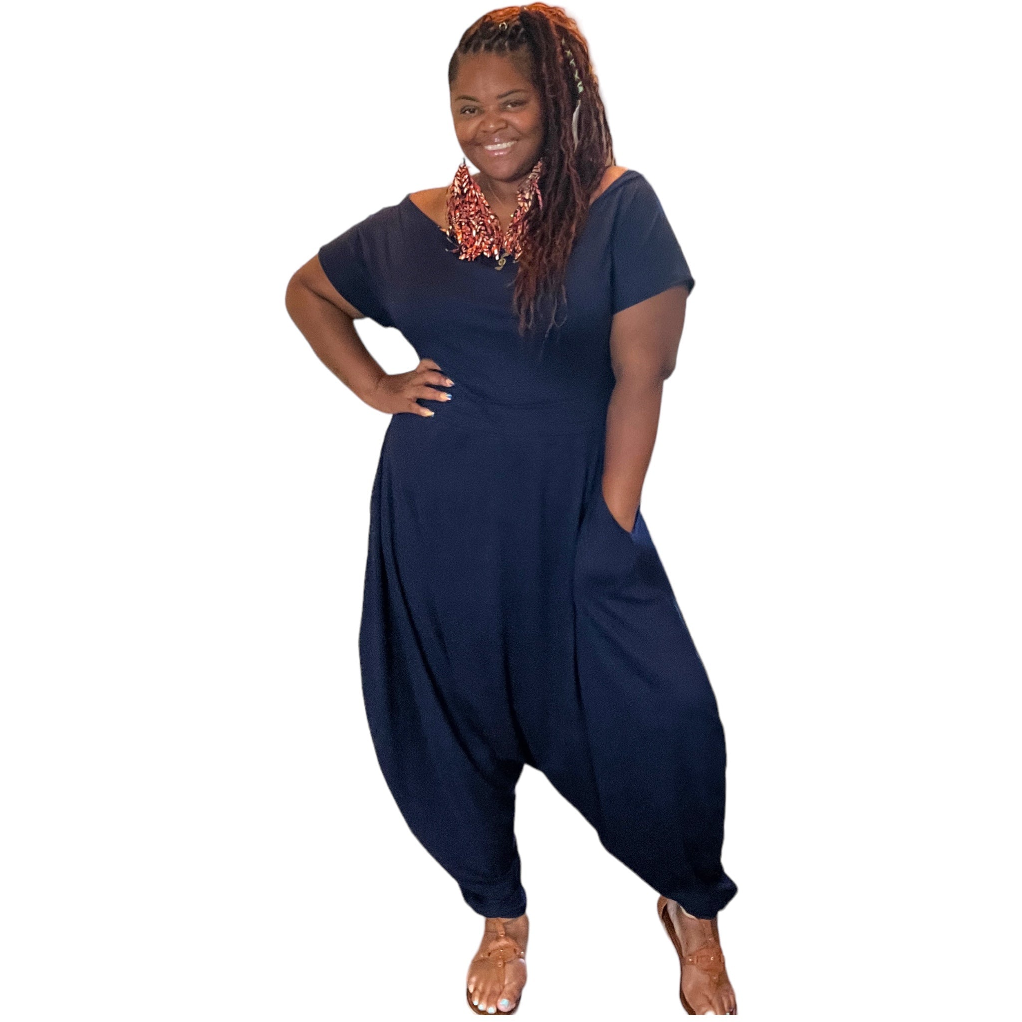 Women'S Plus Navy Off the Shoulder Harem Jumpsuit