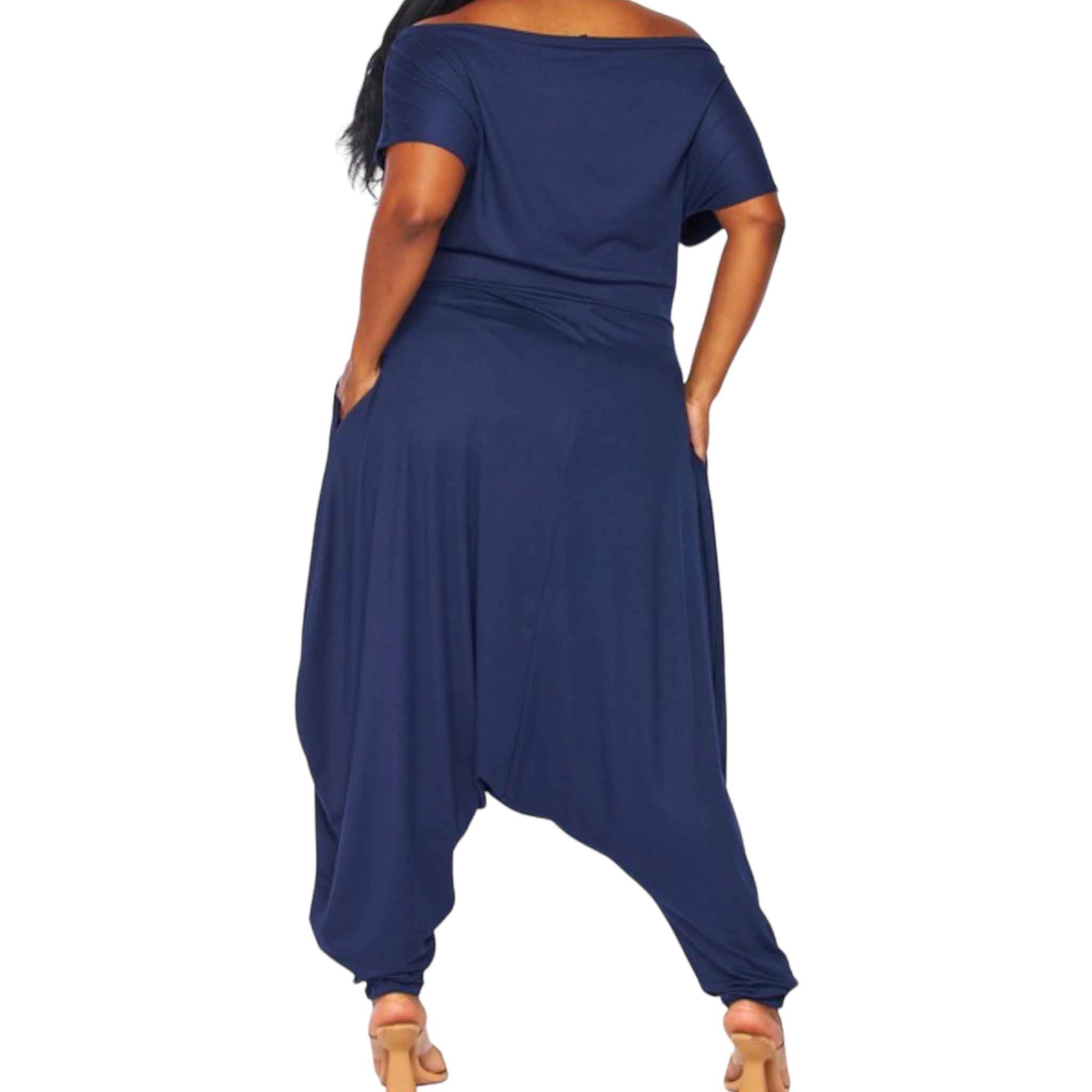 Women'S Plus Navy Off the Shoulder Harem Jumpsuit