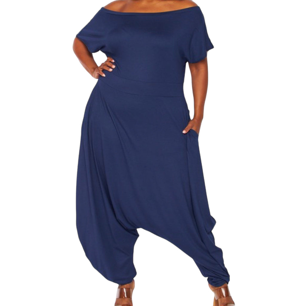 Women'S Plus Navy Off the Shoulder Harem Jumpsuit