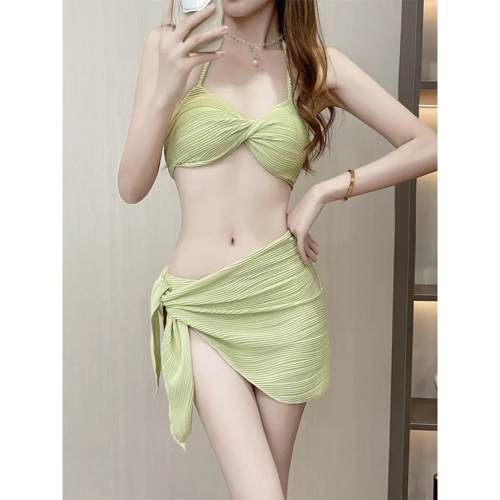 Pleated Bikini Set – Halter Top with Wrap Skirt Cover-Up