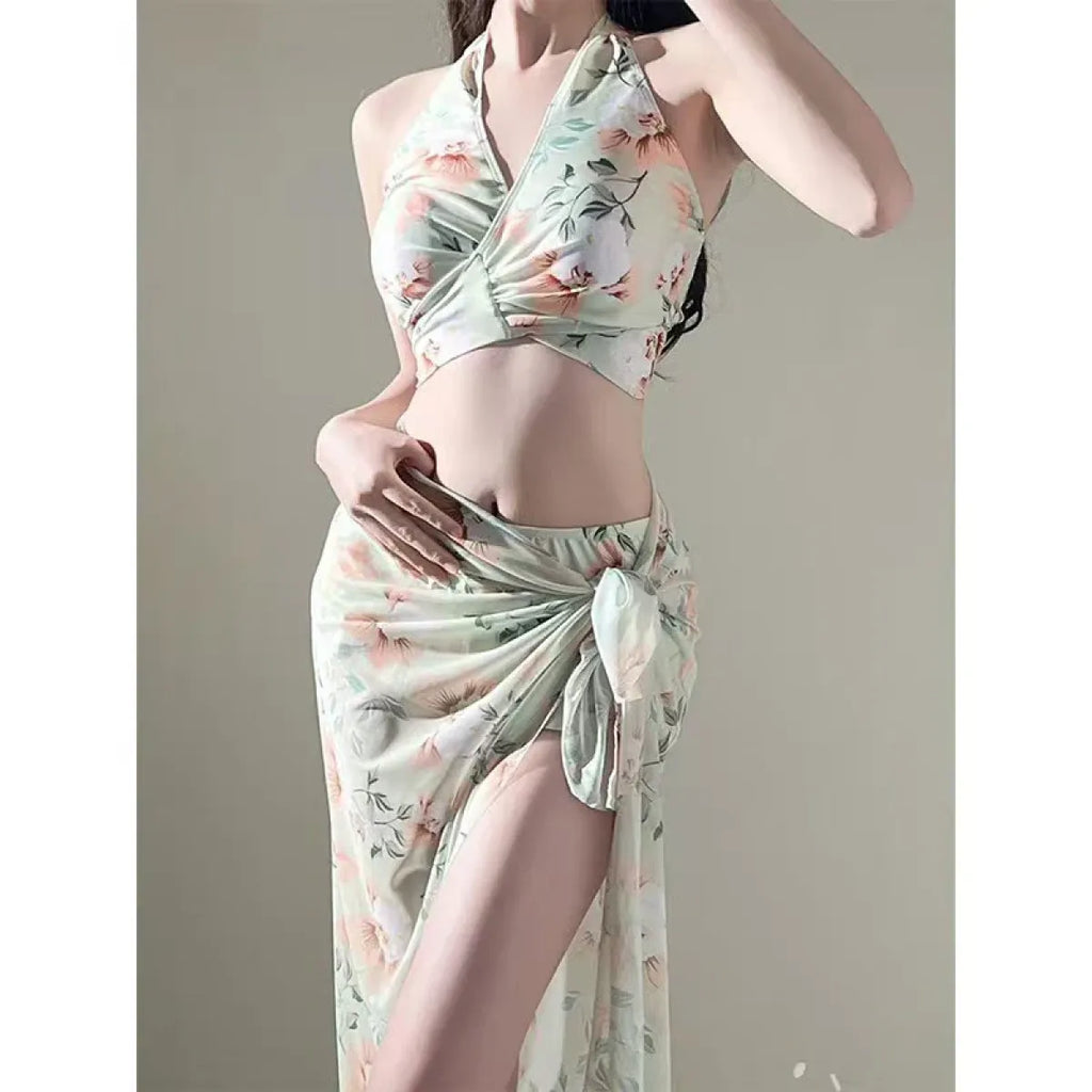 Floral Halter Bikini Set – Ruffled Mesh Wrap Skirt Swimwear