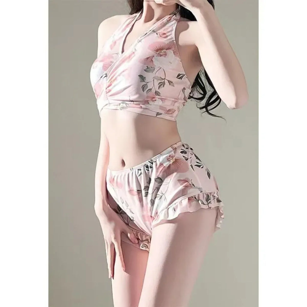 Floral Halter Bikini Set – Ruffled Mesh Wrap Skirt Swimwear