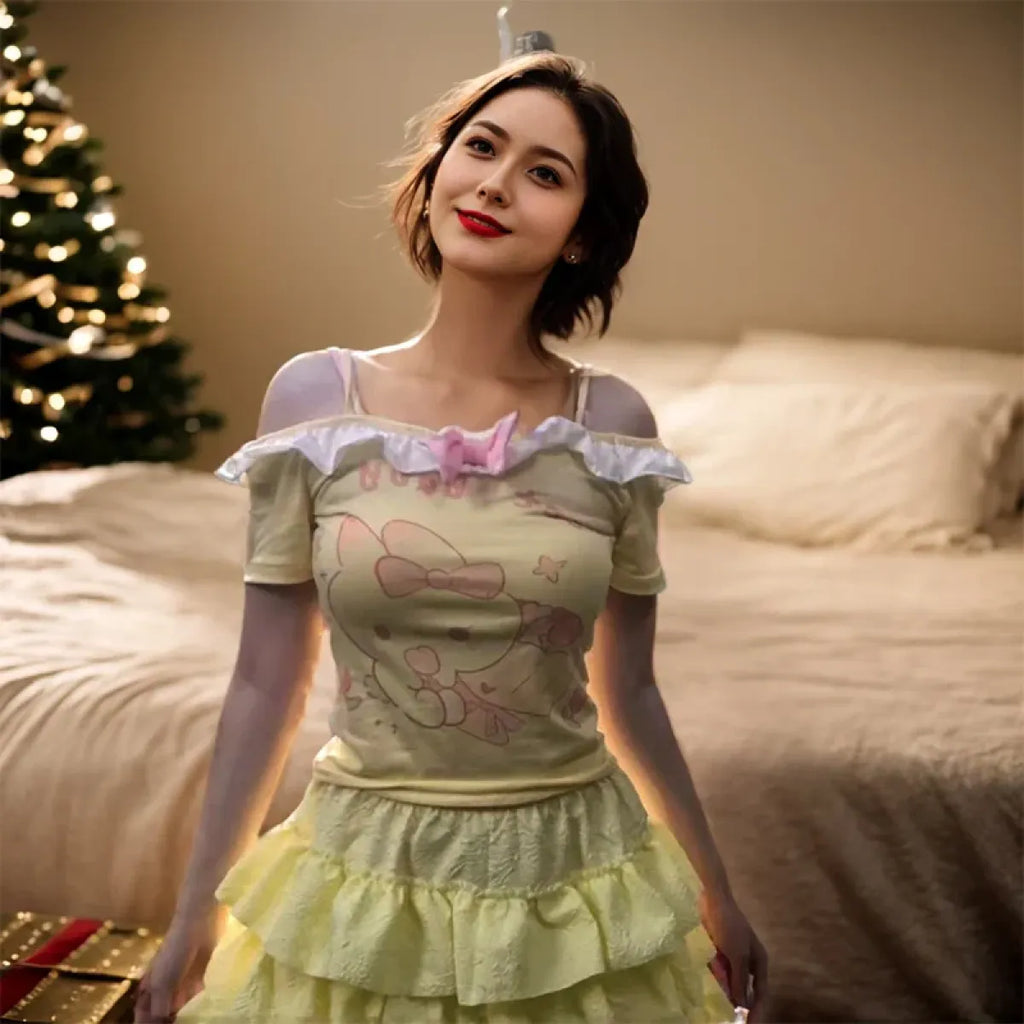 Kawaii Off-Shoulder Top – Ruffle Trim & Bunny Print